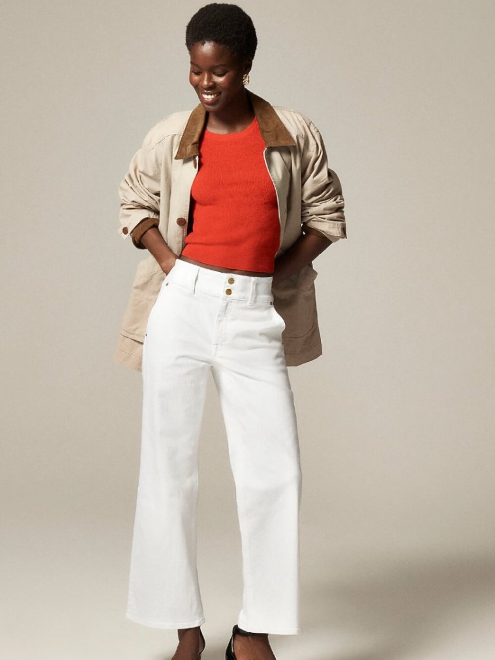 J. Crew Slim-Wide Jeans with Stacked Buttons in White Denim Size 28